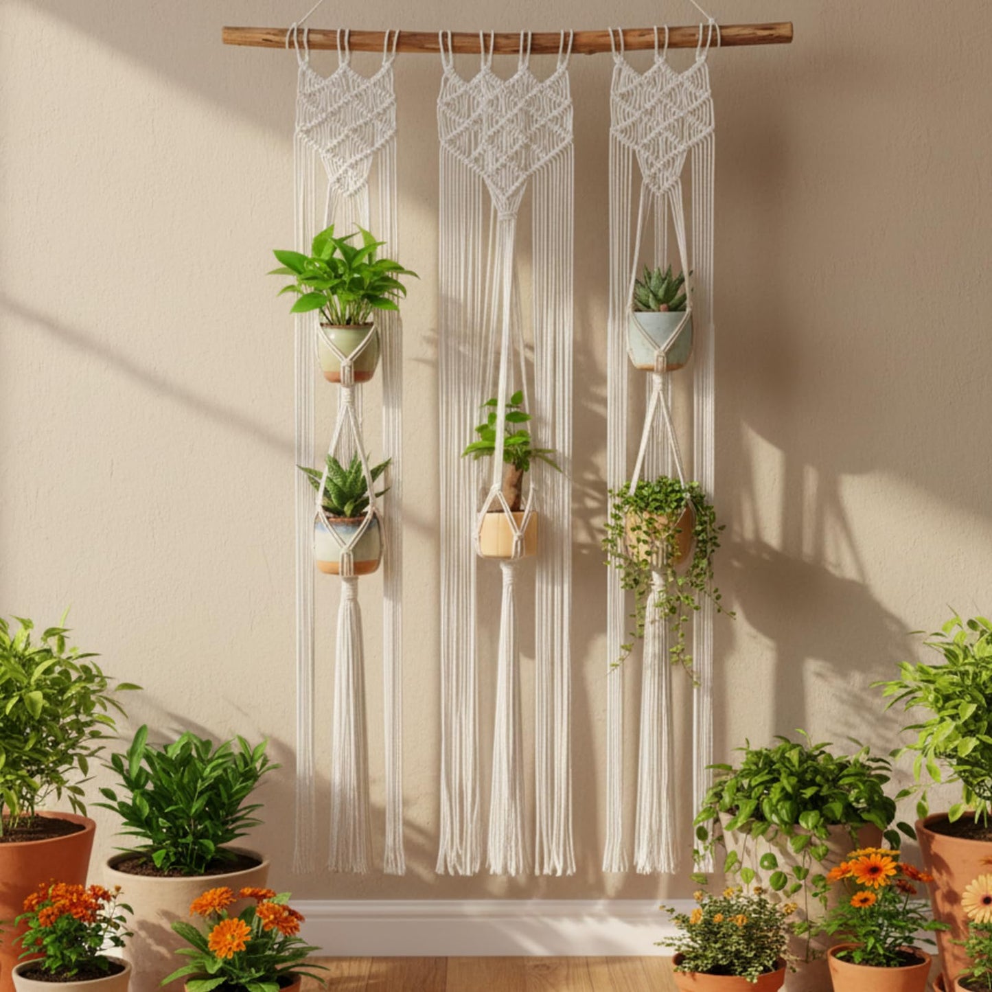 Thyle Macrame Plant Hanger Indoor Woven Boho Rope Decorative Flower Pot Hanging Holder Bohemian Plants Floating Shelves Decor Organizer for Bathroom Bedroom Wall Display Spring Gift (Excluding Pole)