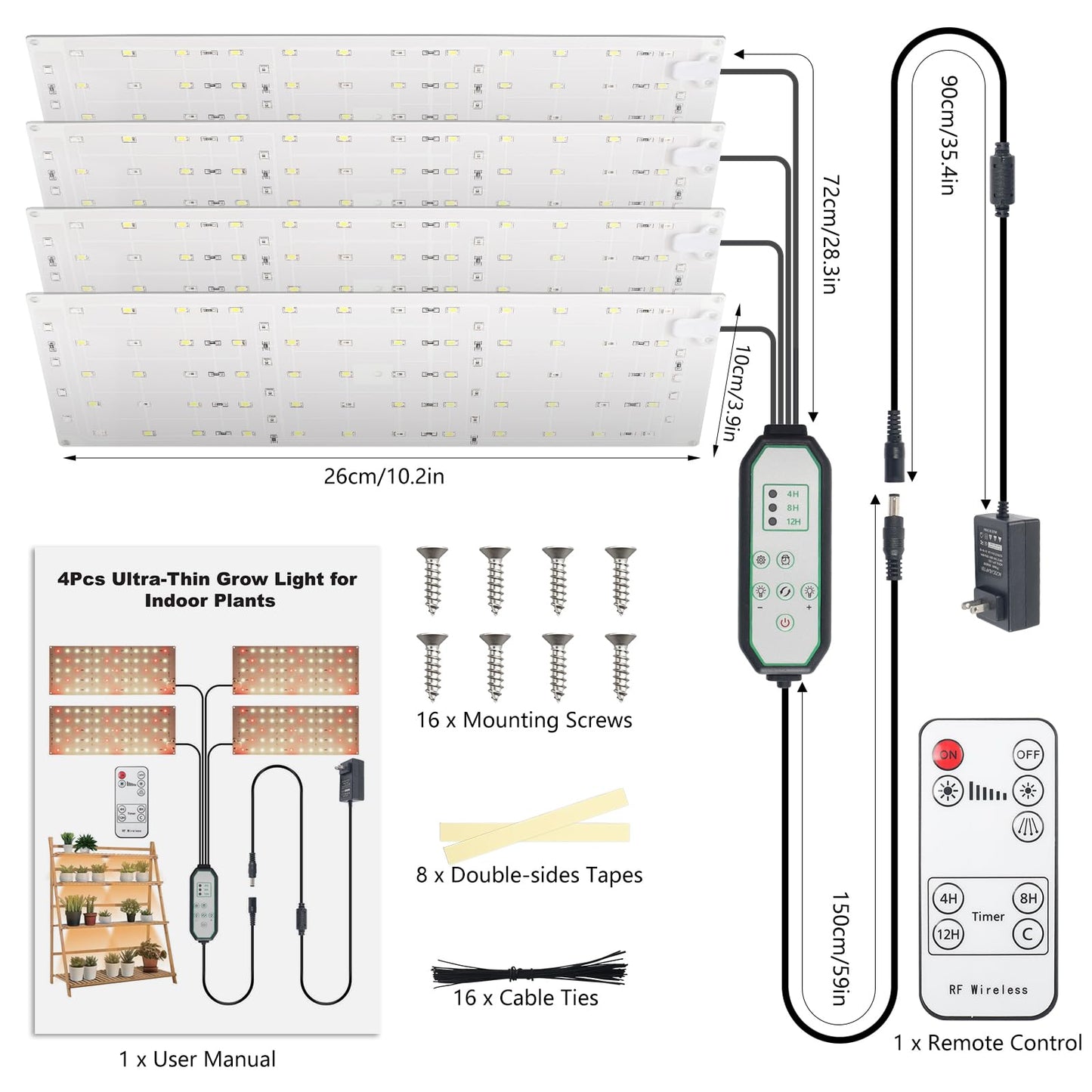 Grow Light, 40W Ultra-Thin LED Grow Lights for Indoor Plants Full Spectrum, 4/8/12H Timer Plant Light Panel, 304 LEDs Under Cabinet Plant Growing Lamp Strip Panel for Seedlings, Veg, Flowers (4pcs)
