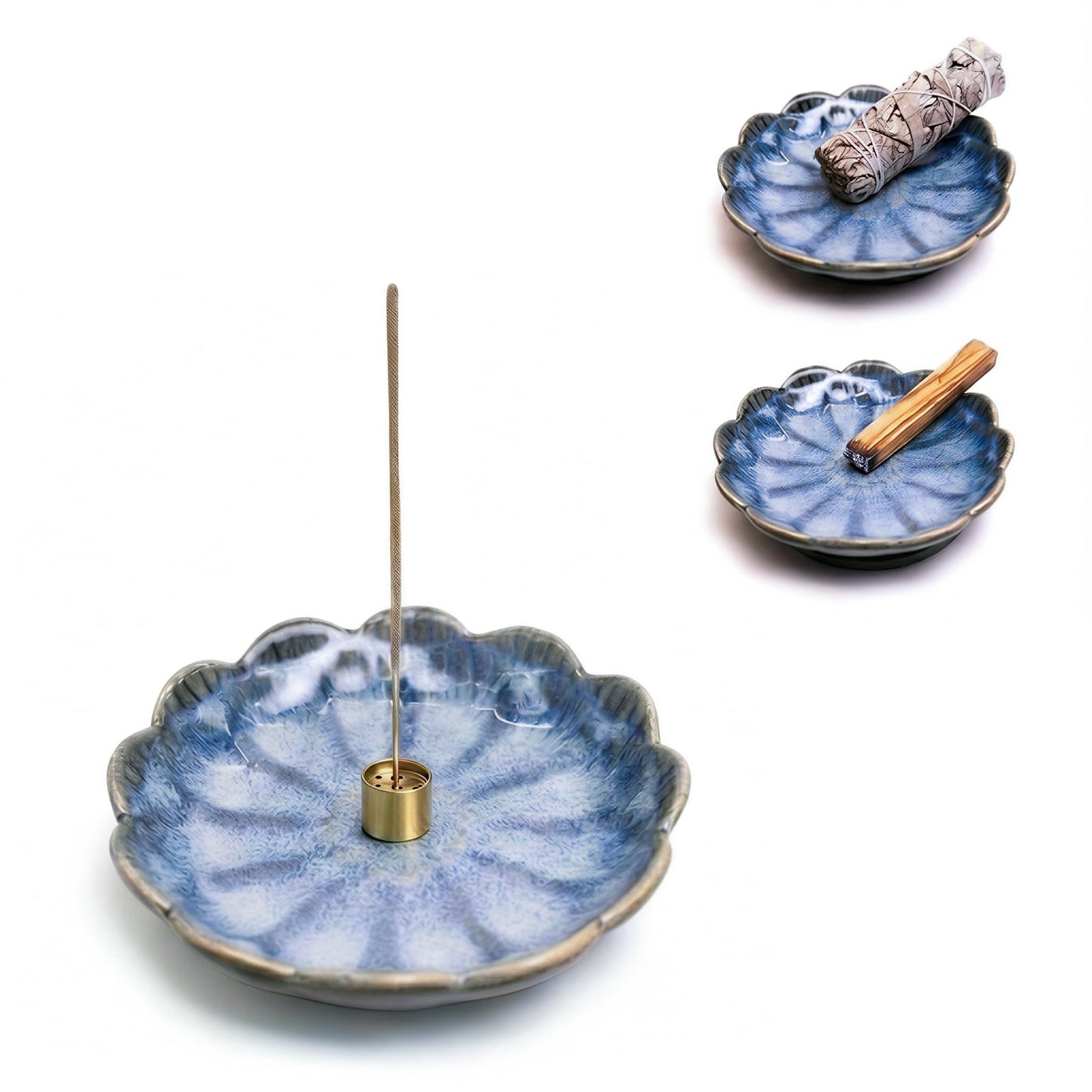 Pinehaven Lotus Incense Holder – 5.5 Inch Ceramic Tray with Ash Catcher, Blue, Solid Brass 9-Hole Insert – for Incense Sticks, Palo Santo, Sage & Cones – Zen Meditation Home Decor