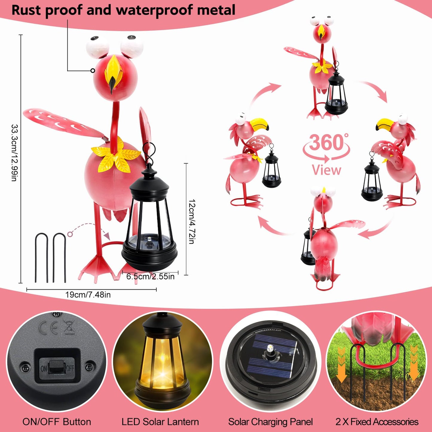 Solar Garden Lights Flamingo Statue with Solar Lantern, Flamingo Decor Fairy Accessories, Mothers Day Birthday Gifts for Women Mom Grandma, Big Metal Decorative Stakes for Home Patio Porch Yard Art