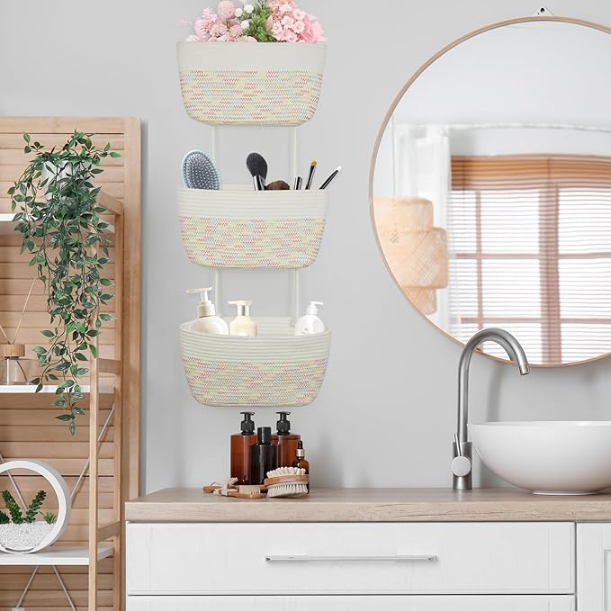 TeoKJ 3-Tier Woven Cotton Wall-Mounted Hanging Storage Baskets, Over the Door