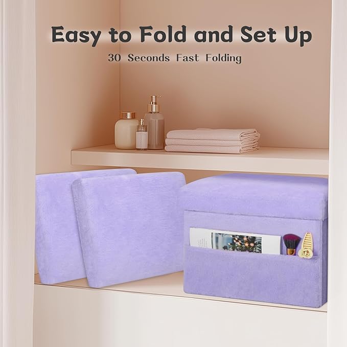 Small Ottoman with Storage, Folding Soft Fur Storage Foot Rest Stool with