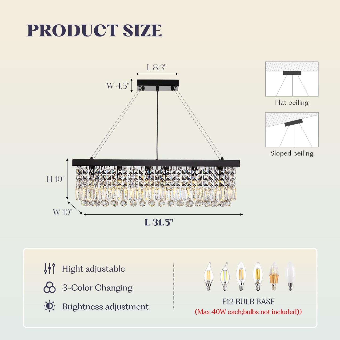 7PMBEANE Rectangle K9 Crystal Chandelier,Rectangular Contemporary Pendant Light Fixture,Black Modern Crystal Chandeliers for Dining Room Kitchen Island L31.5''xW10''xH10''