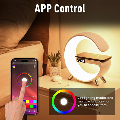 4 In 1 Smart LED Table Lamp, Alarm Clock, Wireless Charger, Night Light, Bluetooth Speaker with App Control, Bedside Lamp for Bedroom, Office, Home Decor, Family, Girls Boys Birthday Festival Gifts