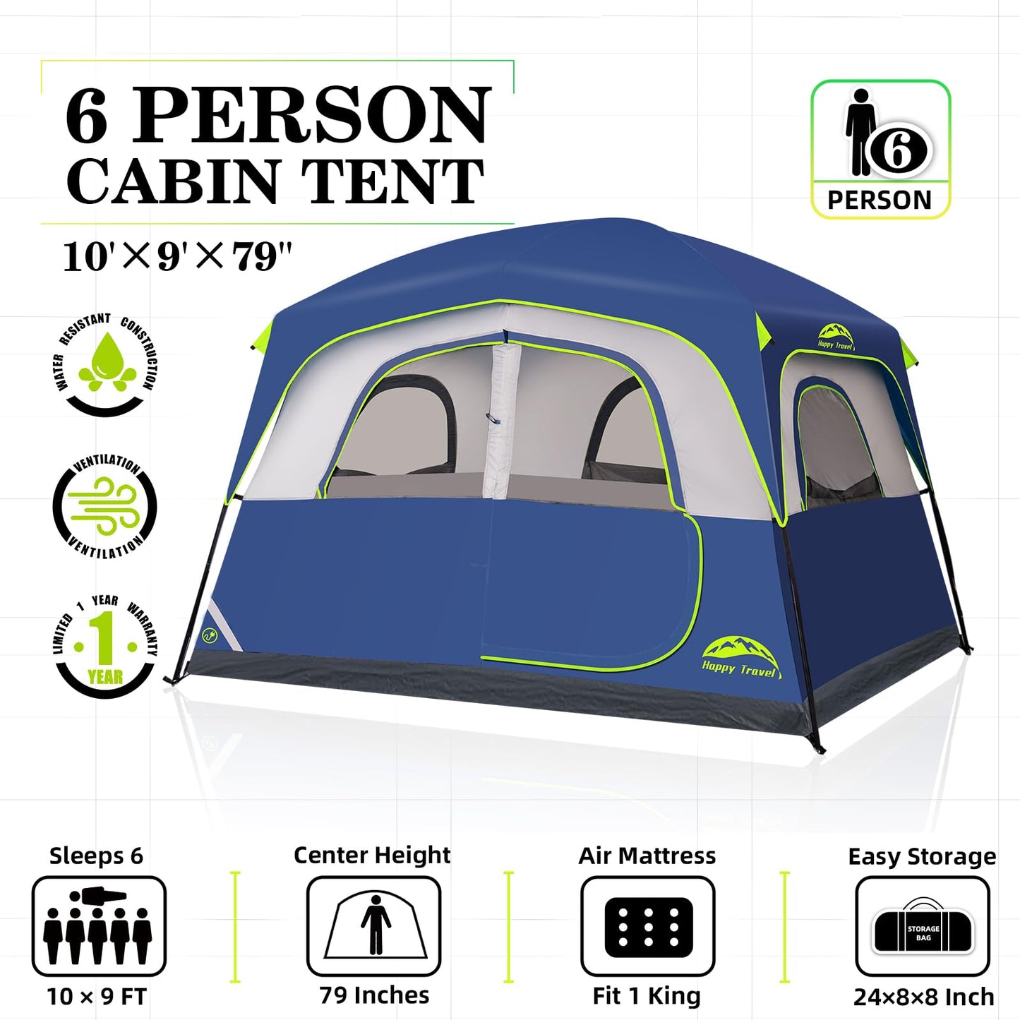 Happy Travel Tent 6 Person Tents for Camping, Waterproof Easy Setup Camping Tent with Rainfly, Portable Large Family Cabin Tent with 5 Large Mesh Windows and Carry Bag for Outdoor Camping & Hiking