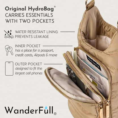 WanderFull® Original HydroBag® Fits Up to 32 oz Water Bottle Holder with Strap - Hands-Free Crossbody Water Bottle Carrier Bag with Phone Pocket - Khaki HydroBag with Striped Strap, Mother’s Day Gift