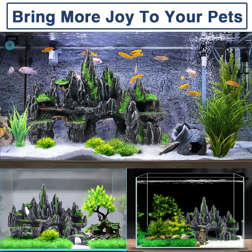 GOLOMOZ Large Fish Tank Decorations - Fish Tank Decor Aquarium Rock Mountain View Aquarium Ornament Tree House Cave Fishtank Rocks for Large Fishtank Glofish Tank Decorations
