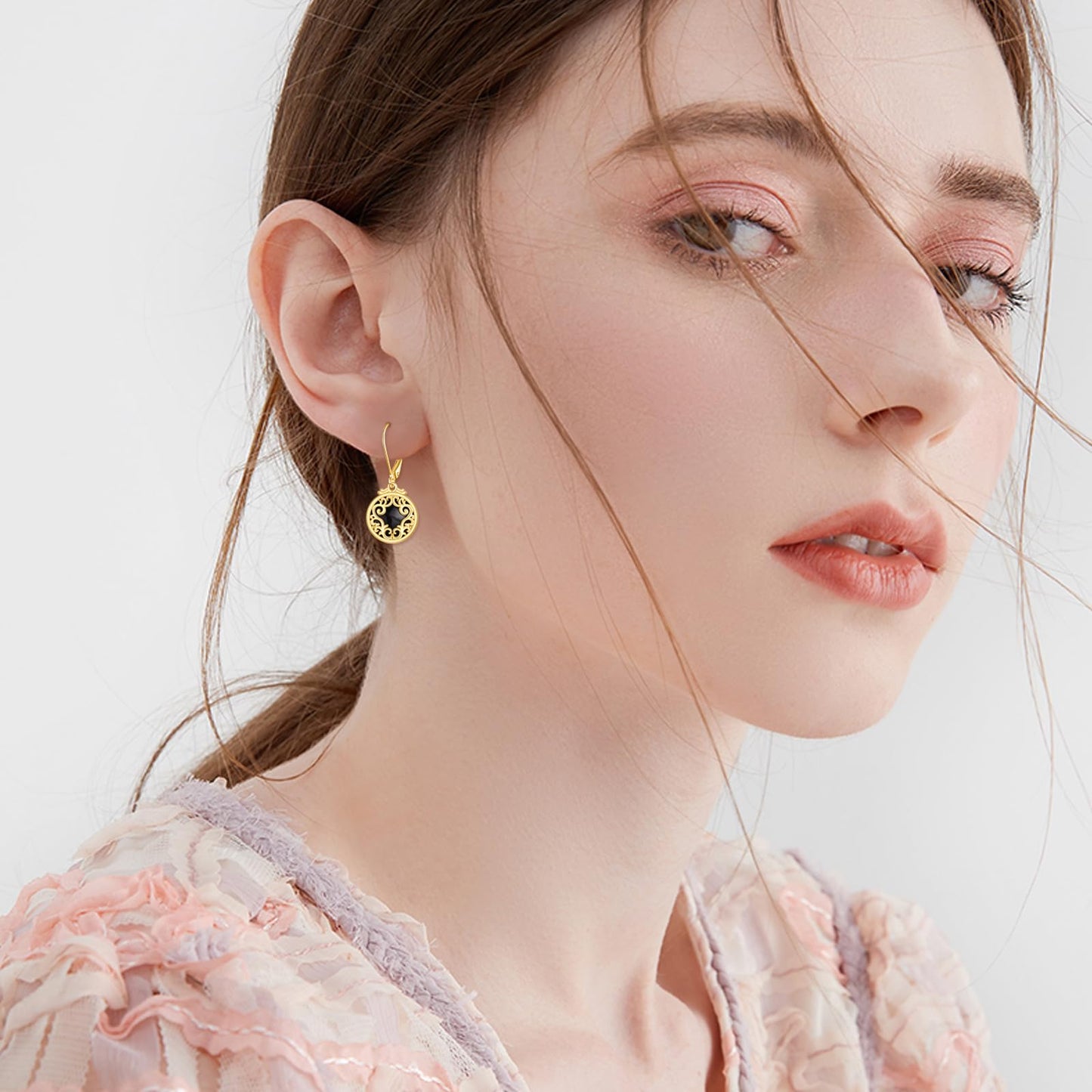 Black Onyx Dangle Drop Earrings for Women Sterling Silver 18K Yellow Gold Plated Filigree Black Onyx Leverback Earrings Jewelry Gifts