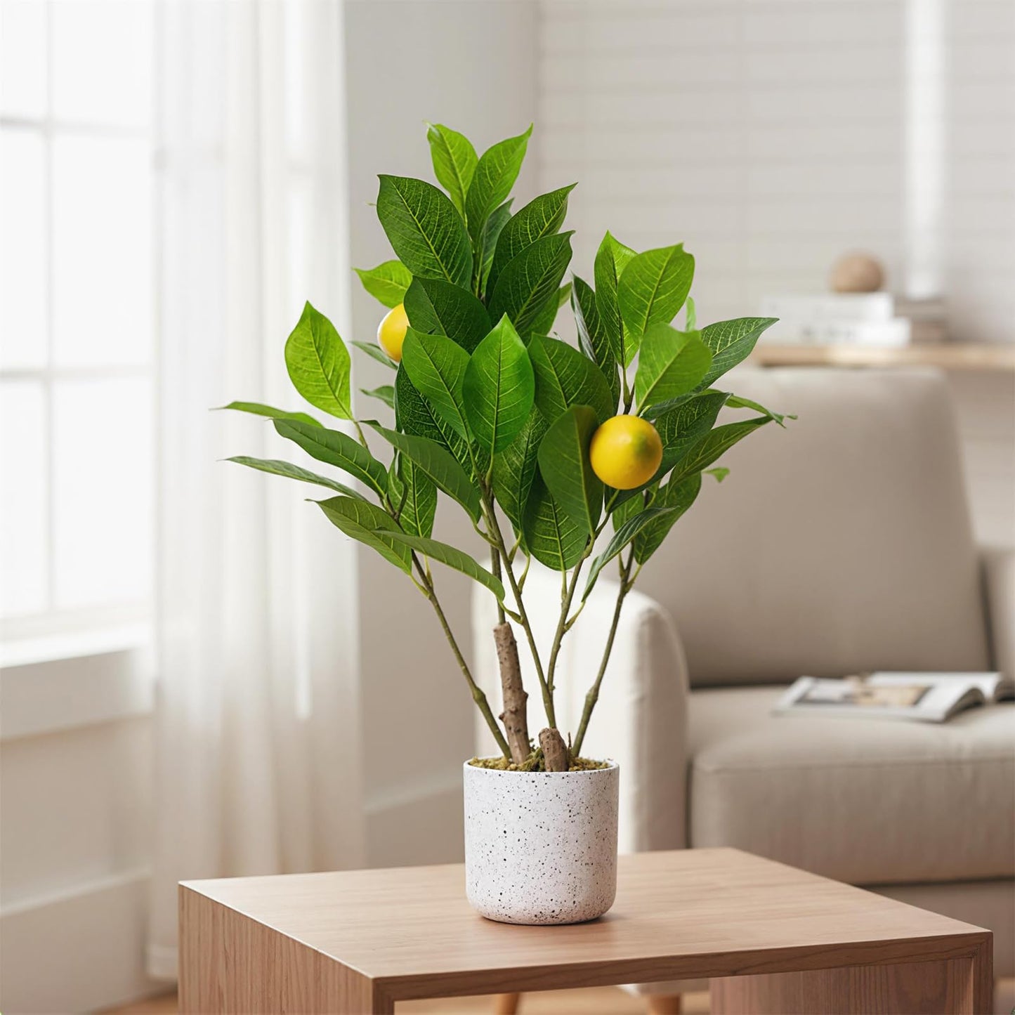 Garvee 2 Pack Artificial Lemon Branch Fake Plants, 19.7" Faux Green Bonsai Tree with White Marble-Look Pot with Black Speckles, Cement Moss Base, Decorative Artificial Plants Indoor for Home & Office