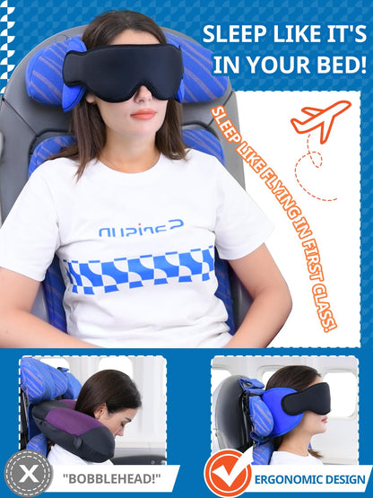 SARISUN Travel Pillow for Airplane, Plane Pillow with 3D Eye Mask for Sleeping, 360°Support Airplane Head Strap for Long Flight, Stop Bobblehead, Travel Essential, Black