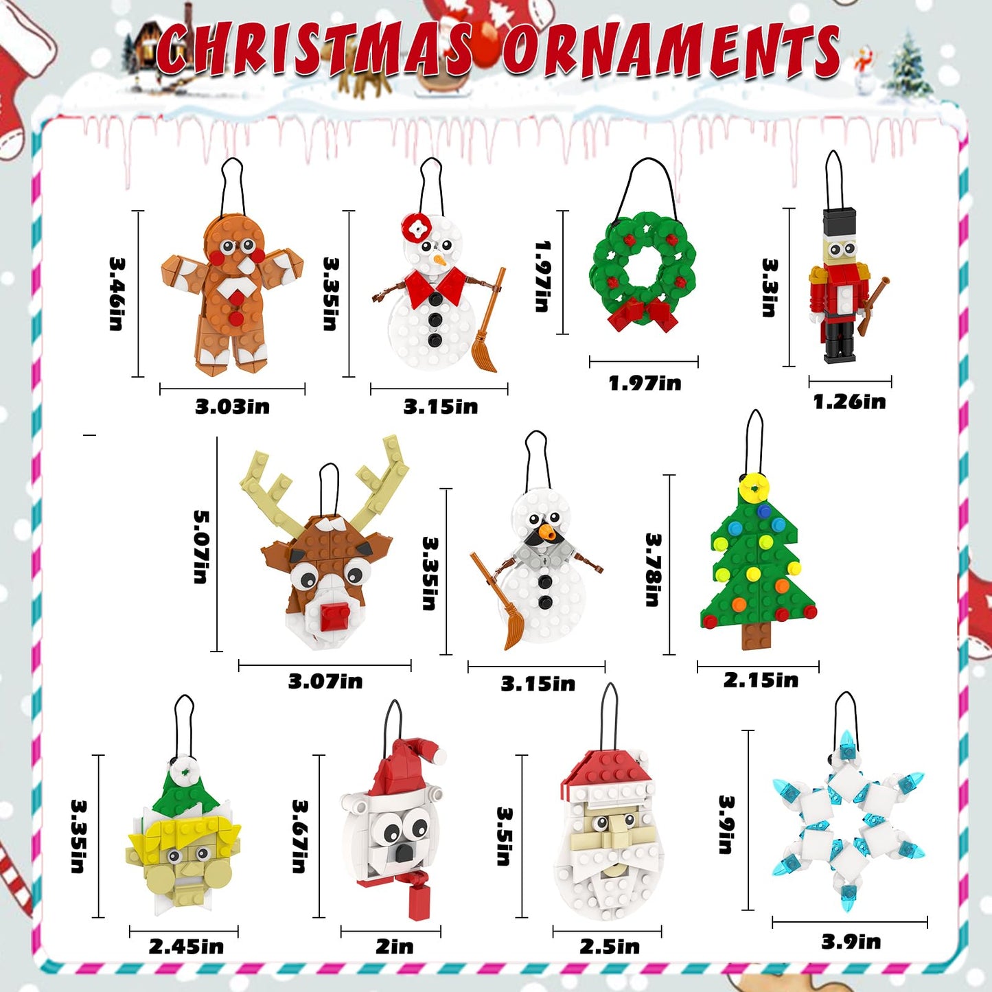 DECMIOX Christmas Ornaments Building Set, 11-in-1 Christmas Tree, Wreath, Santa, Reindeer, Gingerbread, Polar Bear, Snowflake, 2025 Xmas Holiday Stocking Stuffer Toys Gifts for Kids Boys Girls