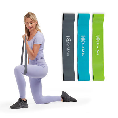 Gaiam Restore Mini Band Kit, Set of 3, Light, Medium, Heavy Lower Body Loop Resistance Bands for Legs and Booty Exercises & Workouts, 12" x 2" Bands