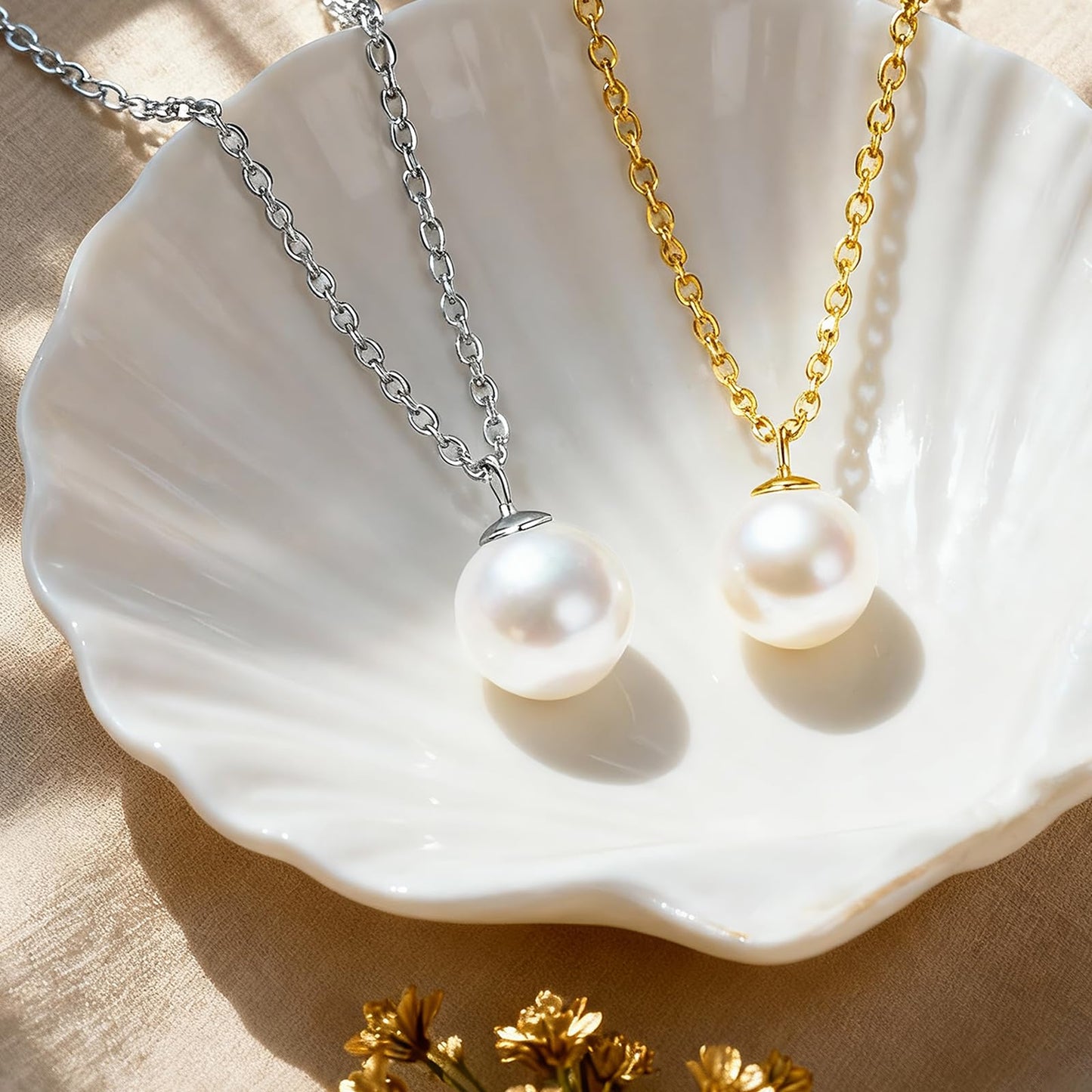 SUNFEEL 925 Sterling Silver Pearl Necklaces for women 14K Gold Plated 10MM Single Pearl Pendant Necklace Gifts for Her Mom Wife Girlfriend Engagement Wedding Birdal Christmas Trendy Jewelry