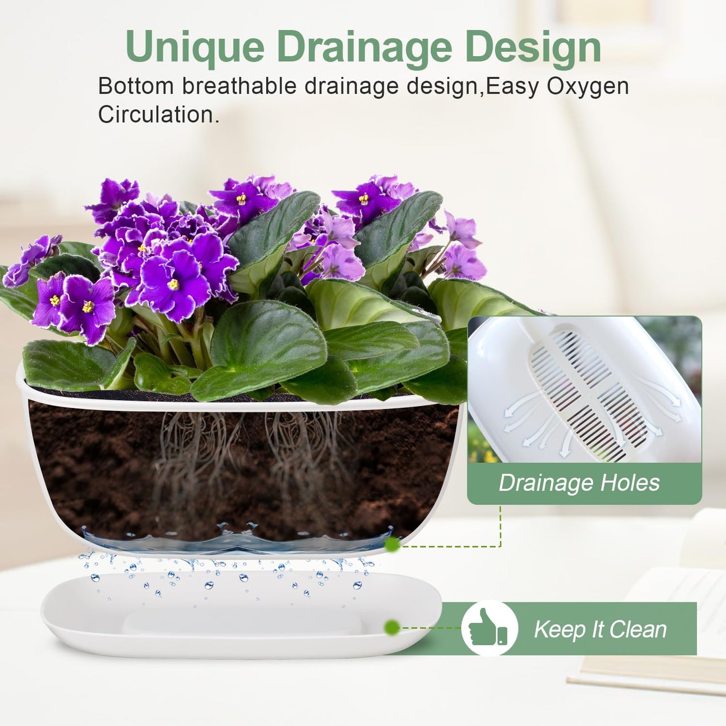Oliz Set of 4 White Oval Shallow Herb Garden Planters with Drainage Holes and Trays (8.66 Inch) Plant Pots for Herbs Basil Orchids Succulents, Modern Herb Garden Planter for Indoor/Outdoor Plants