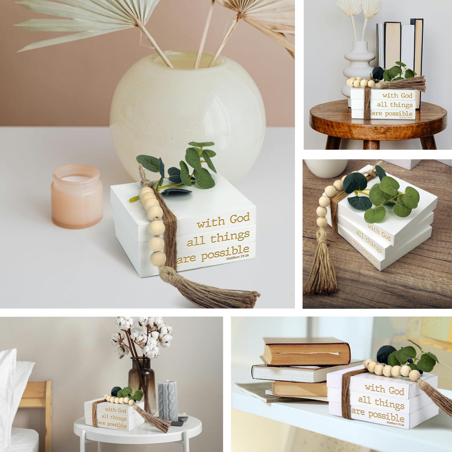 Mini Decorative Coffee Table Books, 4.72" D x 3.93" W x 2.36" H – Set of 3 Faux Books for Decoration, Living Room, Entryway, Bookshelf, Inspirational Christian Gifts