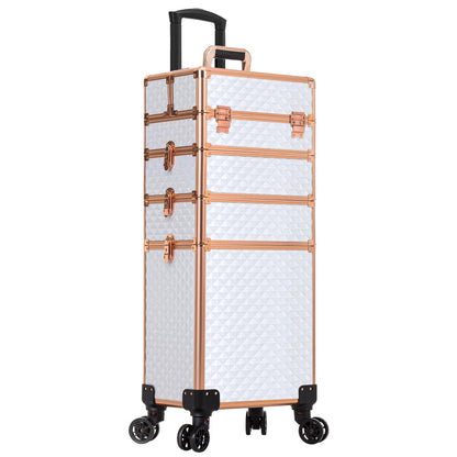 AROUS Rolling Makeup Train Case 4 in 1 Cosmetology Case on Wheels Large Storage Cosmetic Trolley with Key Salon Barber Case Traveling Cart Trunk,White