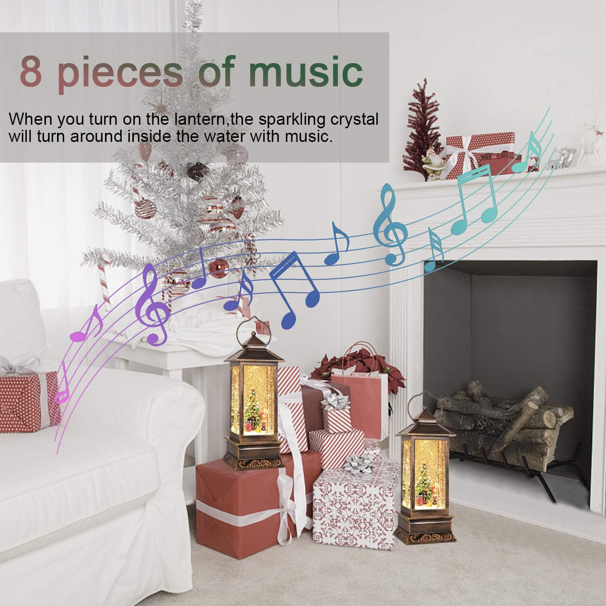 Christmas Snow Globe Lantern Crystal Glitter Lantern Features 8 Songs and 6-Hour Timer Function Ideal for Holiday Decorations and Gifts USB and Battery-Powered Snow Globe (Christmas Tree)