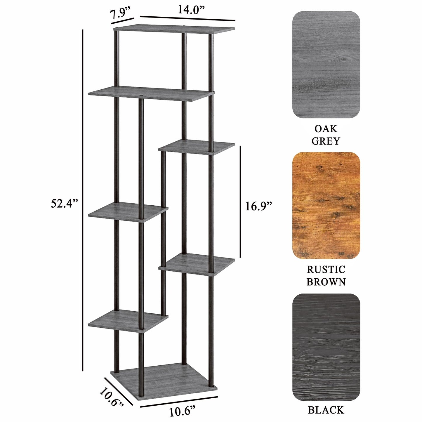 JEPRECO Tall Plant Stand Indoor 7-Tier Metal Wood Plant Shelf for Multiple Flower Pots Corner Flower Holders for Living Room Balcony Bedroom, Oak Grey