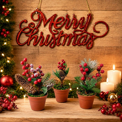 Christmas Tabletop Decorative Pots Set of 3 – Snow Flocked Pine Greenery with Red Berries & Pine Cones – Rustic Farmhouse Xmas Holiday Centerpiece Decor – 7.5 Inch Tall Winter Decorations for Home
