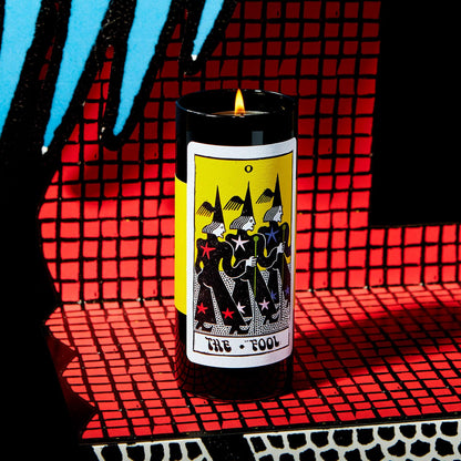 Tarot Candle - The Fool Card - Soy Wax Candle with Unique Tarot Illustration & Tarot Reading - Scented with Wild Mint, Citrus & Basil - 60 Hours Burn Time - 6” Tall - Tarot Cards, Tarot Gifts