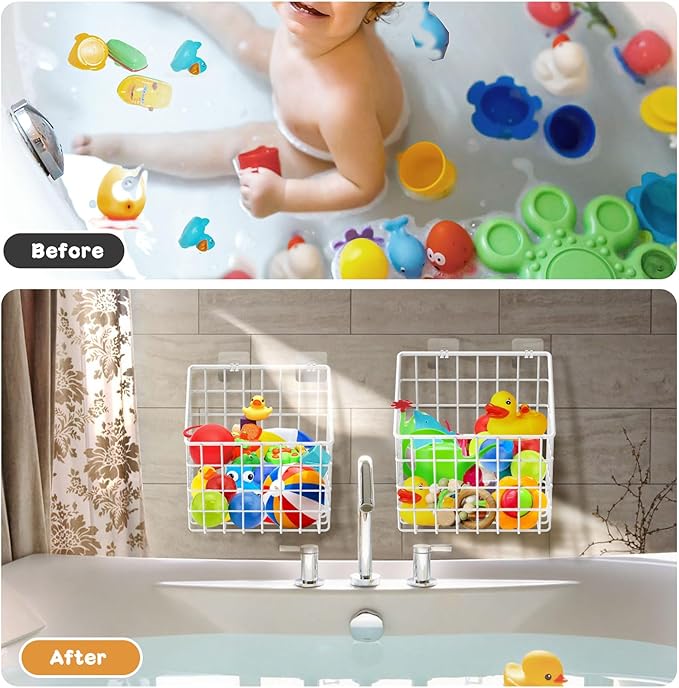 2 Pack Bath Toy Storage Organizer Basket, Large Metal Bathtub Toy Holder