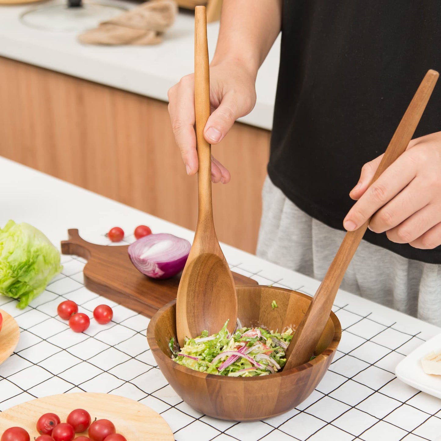 MornHalo 2PCS Acacia Wooden Spoons For Cooking-14 Inch Smooth Finish Cooking Spoons-Comfortable Grip Wood Spoons for Cooking - Non-Stick Cooking Utensils (Spoon + Corner spoon)