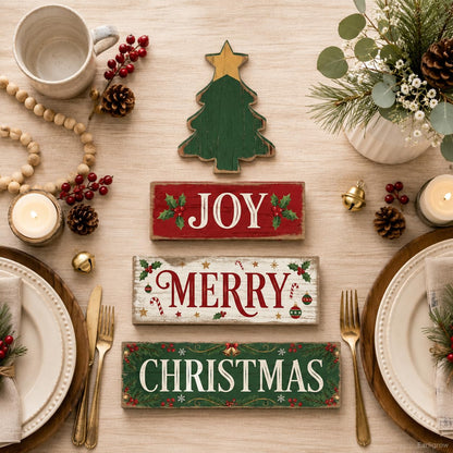 4 Pcs Christmas Decor Joy Merry Christmas Wooden Block Signs Farmhouse Rustic Tabletop Centerpiece Xmas Tiered Tray Decor with Green Tree for Home Kitchen Mantel Shelf Party Gift