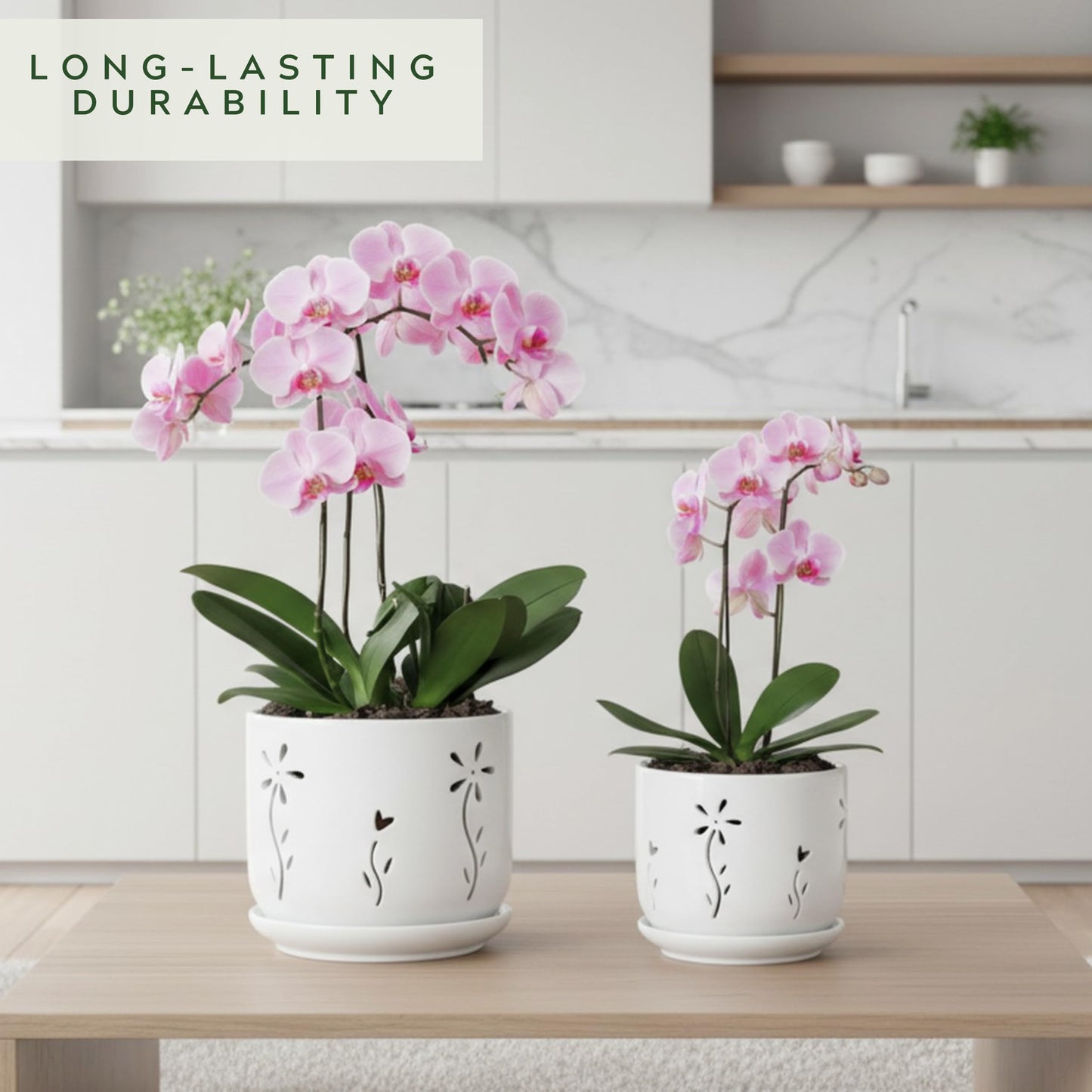 Thriving Thicket 2 Pack, 5 + 6 Inch White Orchid Pots with Holes and Saucer, Ceramic Orchid Planters for Repotting with Drainage Holes and Tray, Plant Flower Pot containers for Orchid Indoor Outdoor