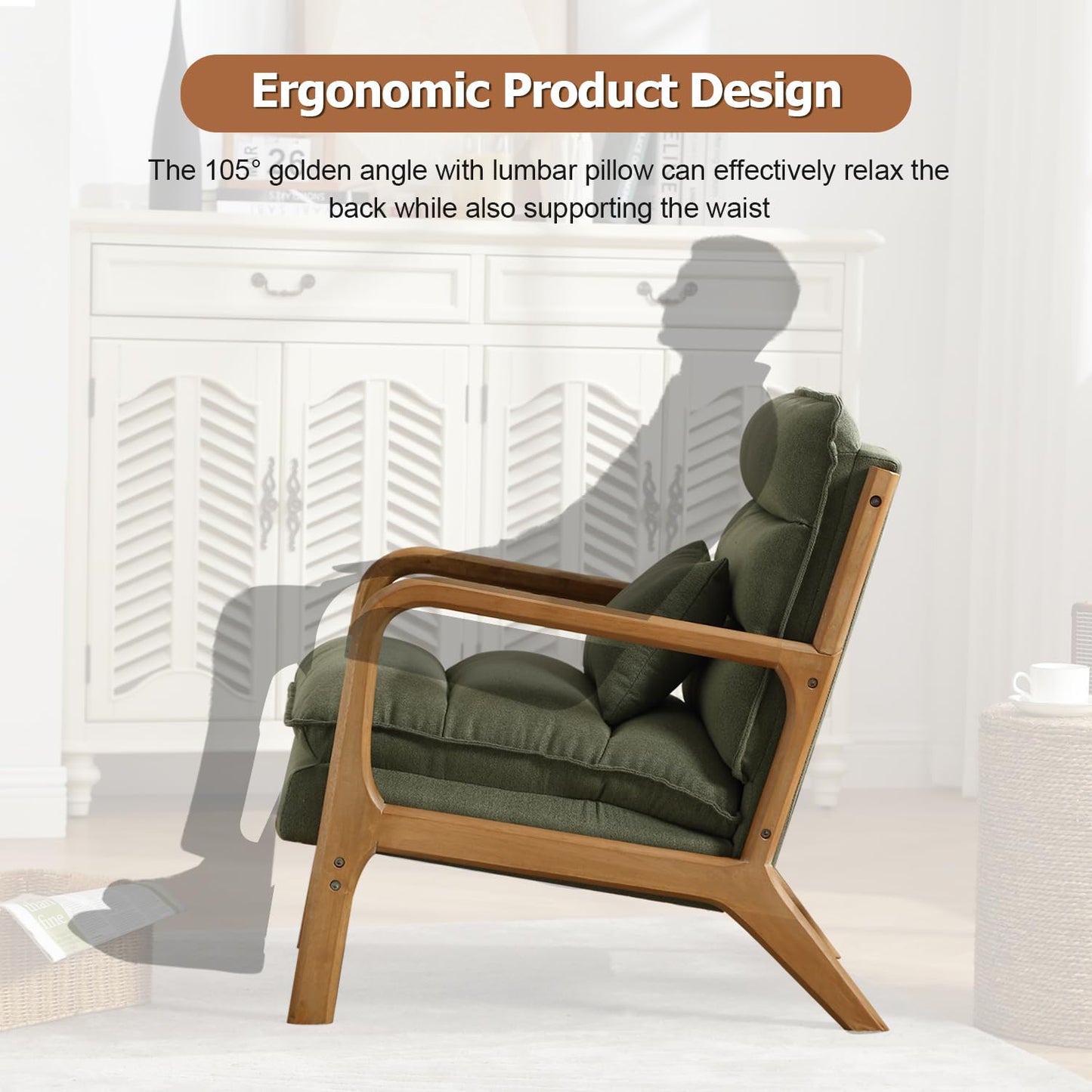 INZOY Mid Century Modern Accent Chair with Wood Frame, Upholstered Reading Armchair with Waist Cushion, Double Padded Accent Chair, Side Chair for Living Room Bedroom Office, Easy Assembly, Green