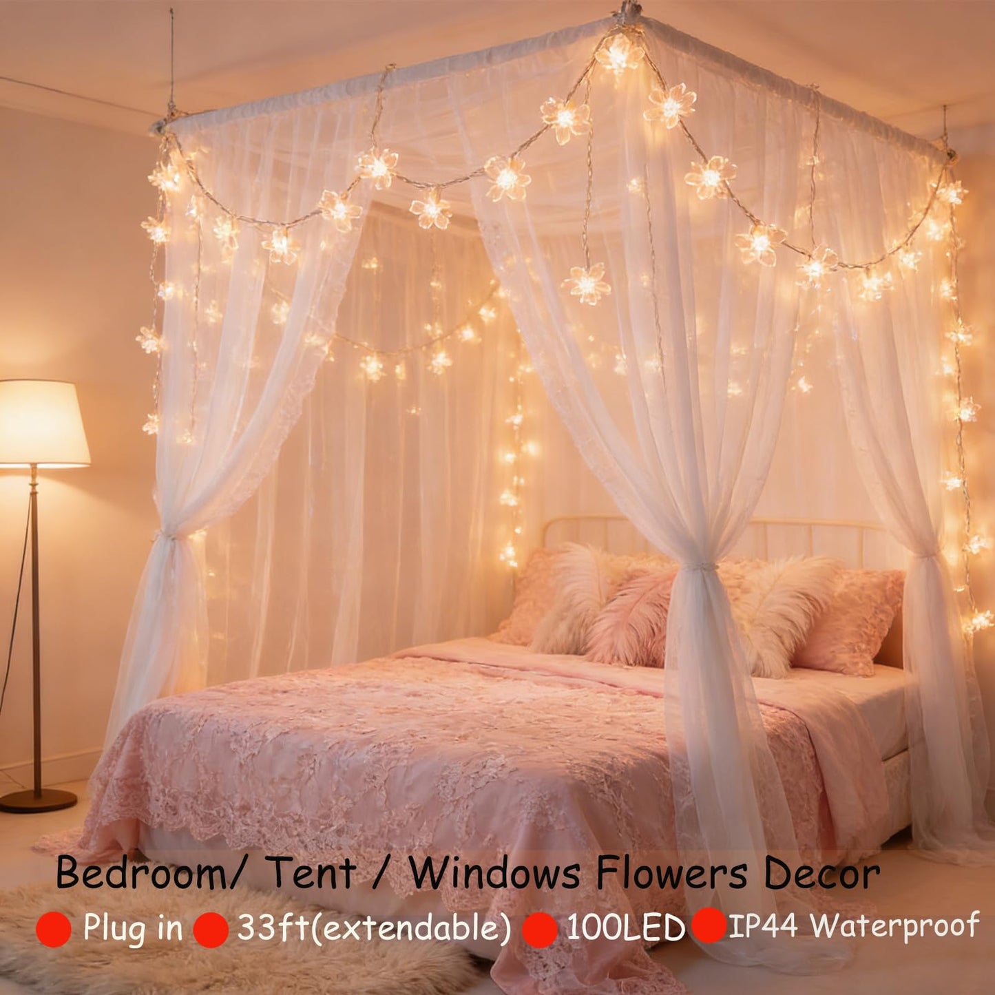 Fairy Flower String Lights Indoor Bedroom Decor, 33 ft 100 LED Artificial Cherry Blossom Lamp Indoor Outdoor Wall Window Garden Hanging Decorations for Christmas Wedding Birtday Party (Warm White)