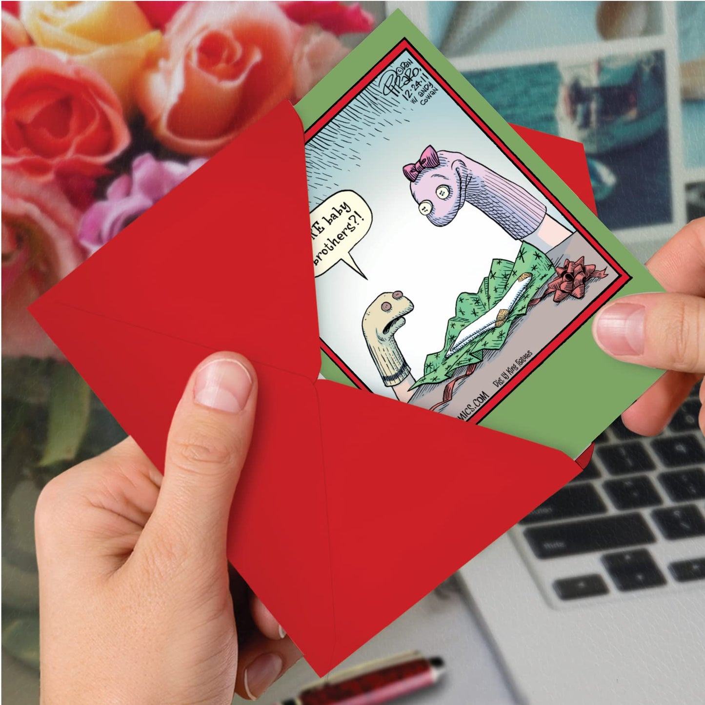 NobleWorks - Box of 12 Cartoon Christmas Cards Funny - Bulk Pack of Holiday for Xmas, Humor Notecard Set 1x12 Designs - little one Sock Brothers B1852