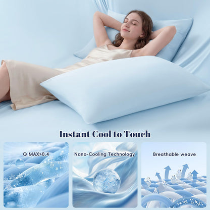 PHF Cooling Fitted Sheet Set Queen Size for Hot Sleepers, Q-Max > 0.4, Silky Soft & Breathable, Ideal for Night Sweats & Summer, 1 Fitted Sheet & 2 Pillowcases, Fits Up to 16", Ice Blue