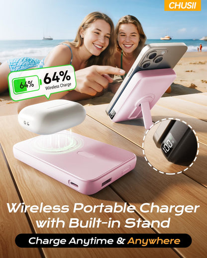 for Magsafe Portable Charger, 12000mAh Wireless Magnetic Power Bank with Stand and PD 20W Fast Charging, for Magsafe Battery Pack Compatible with iPhone 17/16/15/14/13 Series,Travel Camping Essential