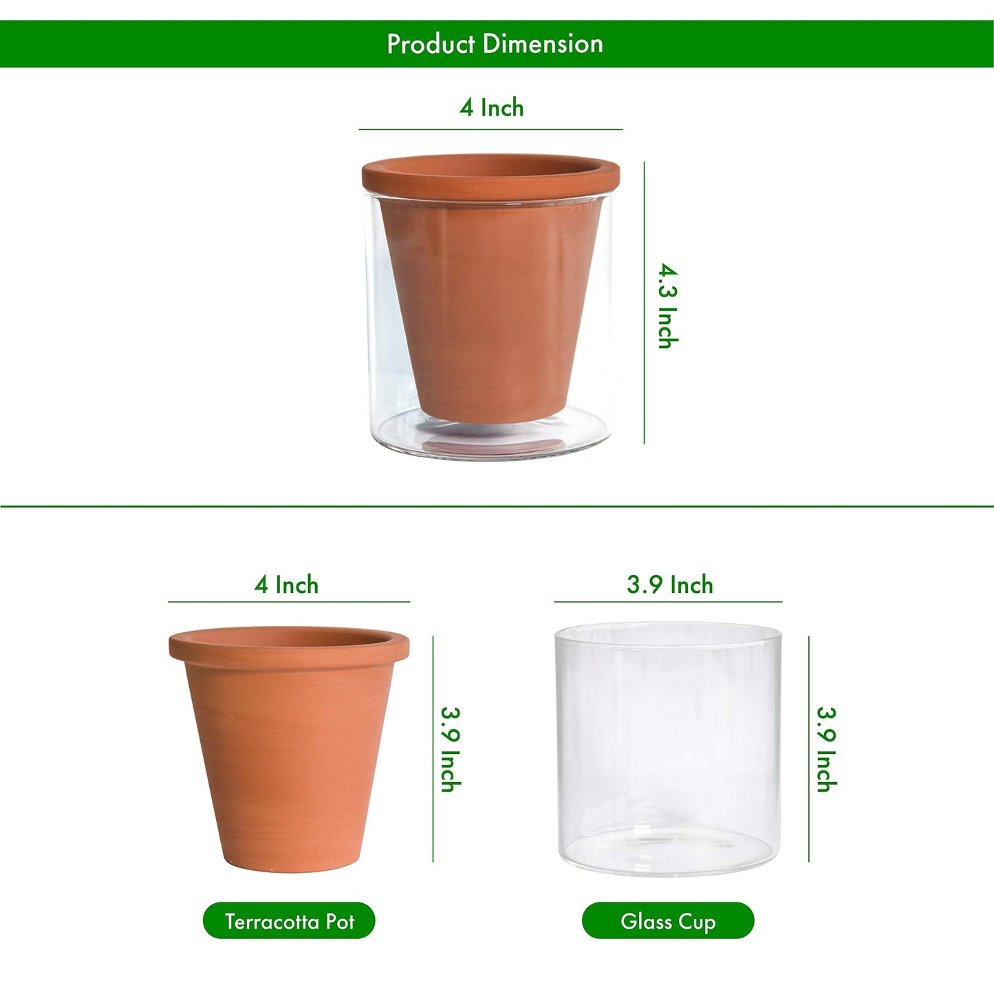 D'vine Dev 4 Inch Design Self Watering Pot for Indoor Plants, Terracotta Planter with Cylinder Glass Cup, Set of 2, 37-Y-A-1
