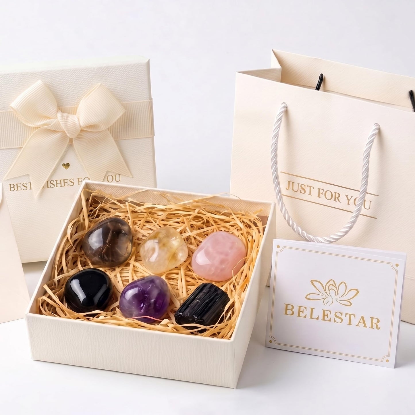 House Protection Crystal Set - 6 Healing Stones for Negative Energy Removal, EMF Cleansing & Spiritual Blessing - New Home Gift with Blessing Card & Gift Box