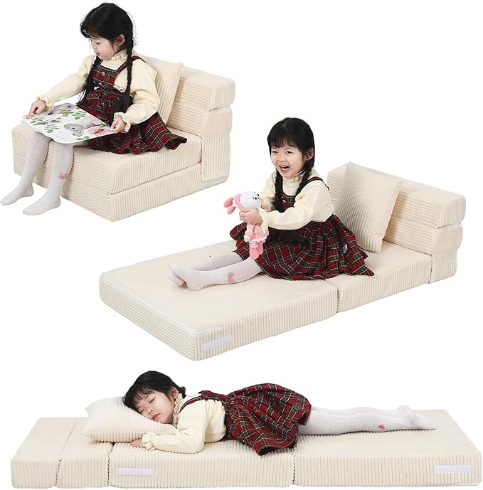 MeMoreCool Folding Sofa for Kids, Corduroy Fold Out Futon Chair, Small Foldable