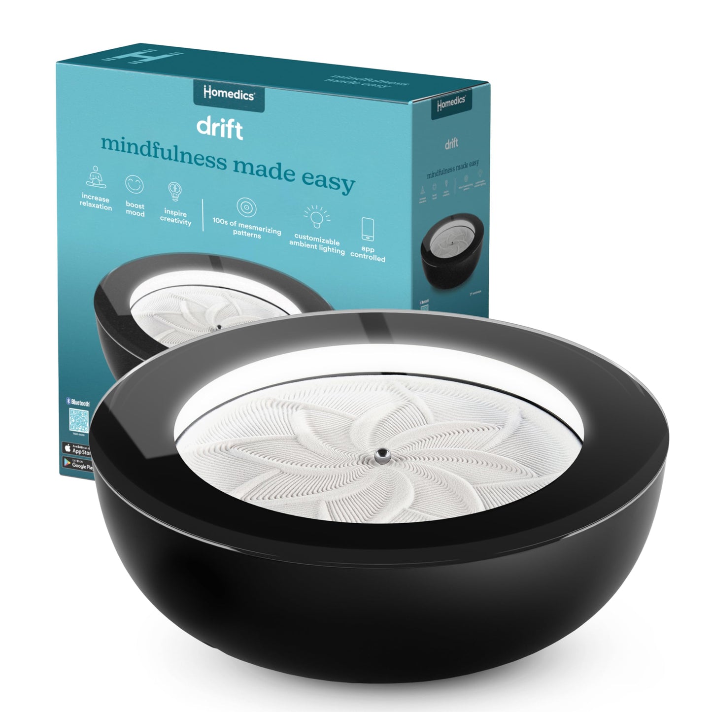 Homedics Drift Sandscape, Perpetual Motion Machine, Zen Garden, Meditation Accessories, Decorative Sandscape, Bluetooth, iOS, Android 21 Inch (Large), Black