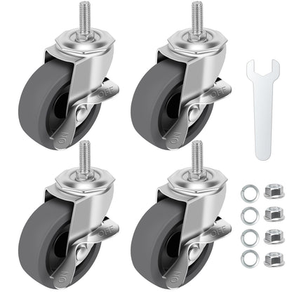 WHARSTM Caster Wheels, 3" Locking Swivel Stem Casters Set of 4, 3/8"-16 x 1 (Screw Diameter 3/8", Length 1") Rubber Casters with 360 Degree No Noise Wheels for Furniture