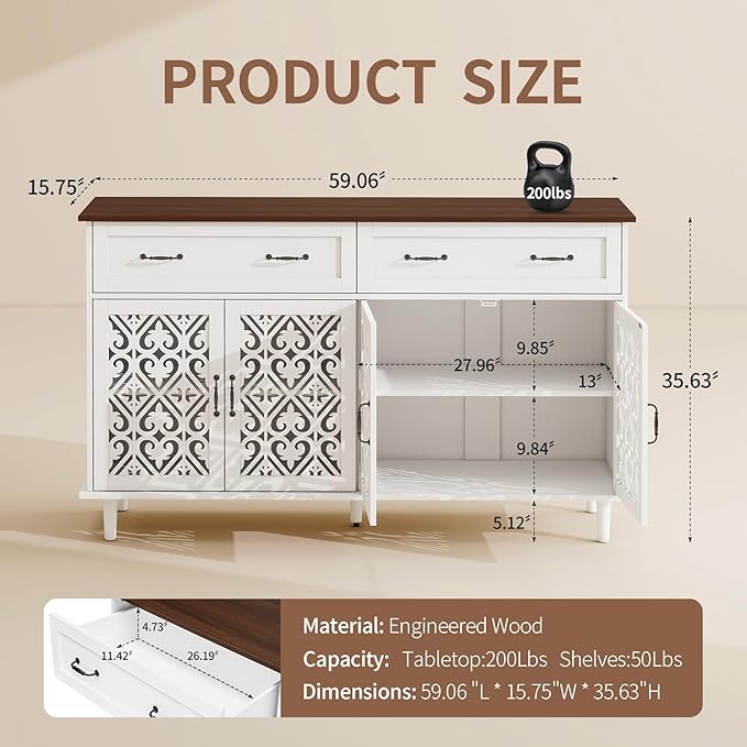 59″ White Bohemia 4 Heart Shaped Carved Doors, 2 Drawers and 2 Adjustable
