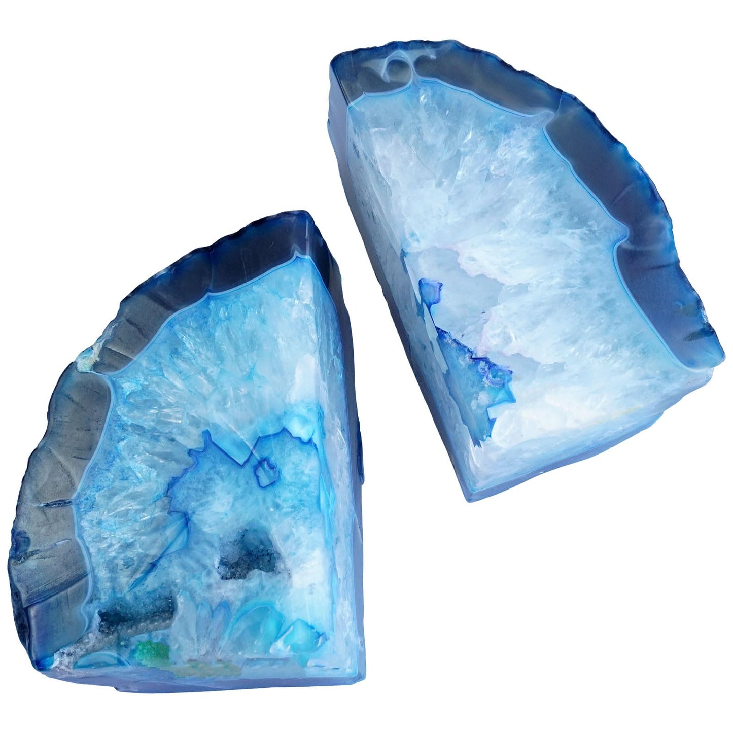 Sisamn Natural Blue Dyed Agate Geode Bookends - 3 to 4 lb Heavy Duty Rock Crystal Stone Book Ends for Shelves, with Rubber Bumpers, Decorative Book Holders for Home Office
