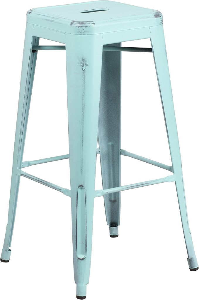 Flash Furniture Kai Commercial Grade 30" High Backless Distressed Green-Blue