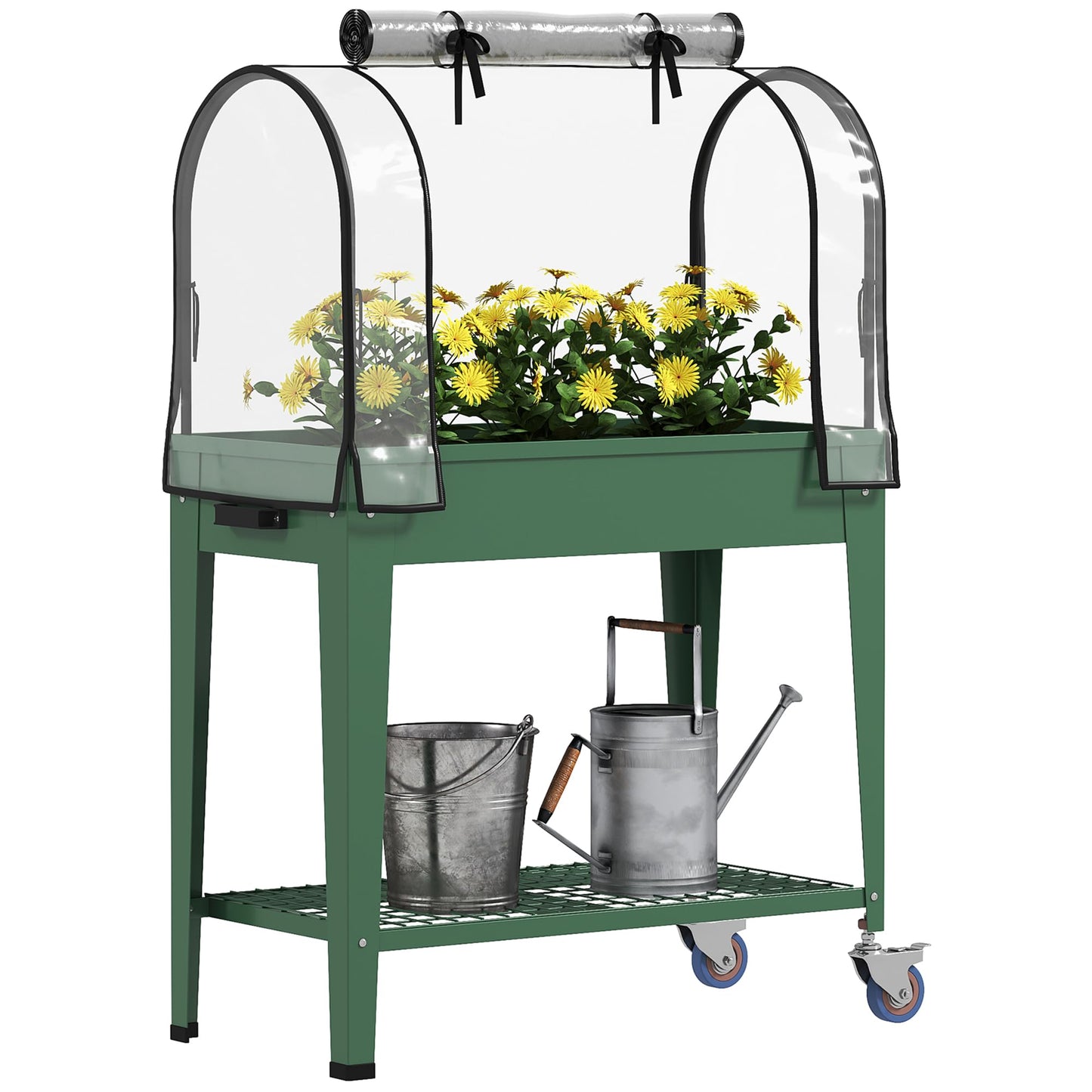 Outsunny Raised Garden Bed with Greenhouse Cover, Large Metal Outdoor Elevated Planter Box with Lockable Wheels, Storage Shelf and Drainage Hole for Vegetables, Flowers, Herbs, Green