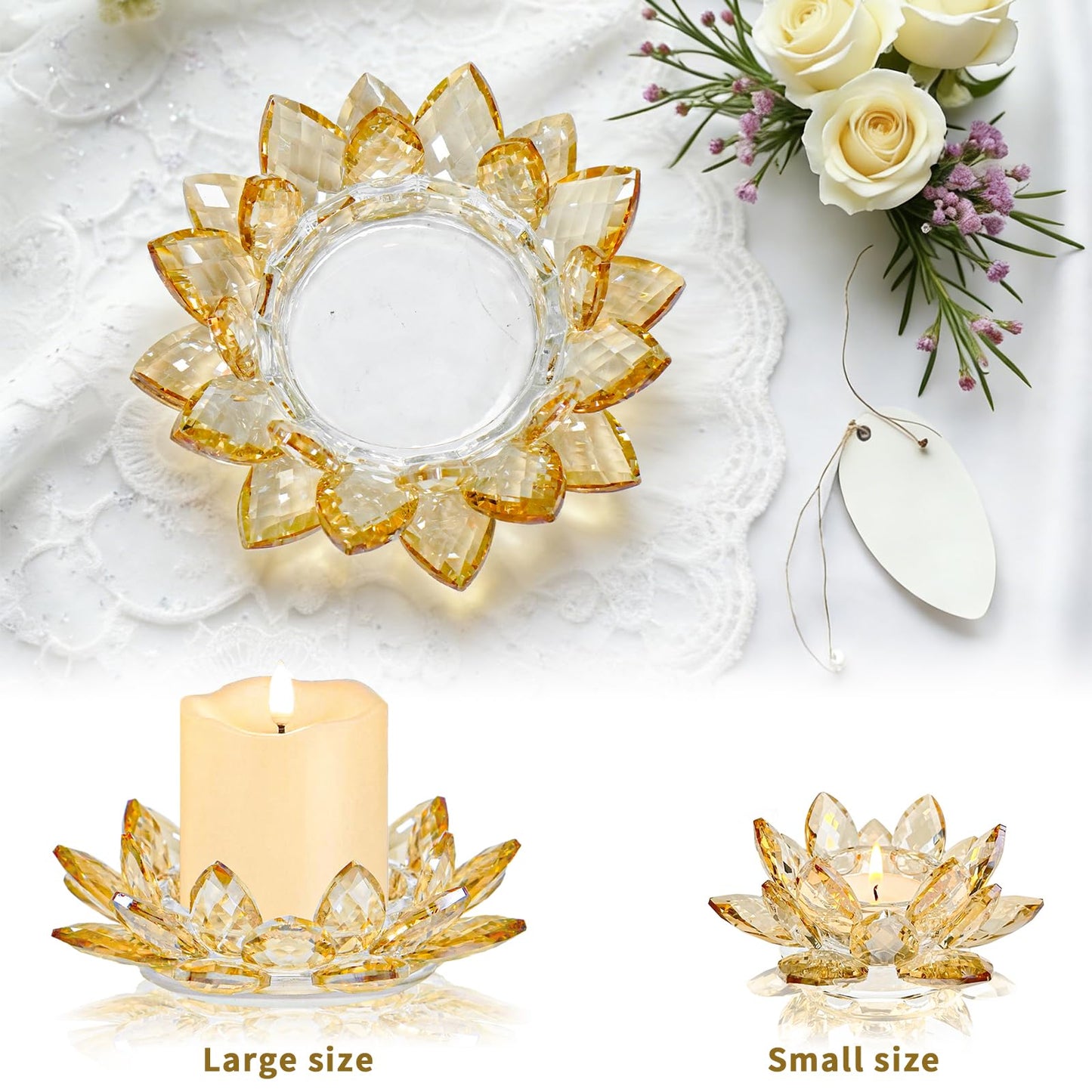 Large Crystal Lotus Tealight Candle Holder for Up to 6" Diameter Pillar Candle Plate Candlestick,Chunky Glass Votive Stand for Wedding, Party, Table Centerpiece Decor and Yoga Meditation (2, Gold)