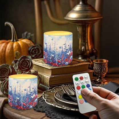 Poceacles 4 PCS LED Flameless Candles Multi-Color Flickering Realistic Battery Powered No Flame Candles with Remote and Timer, Simulated Wick Flame Tealights, Floral Blue Butterfly
