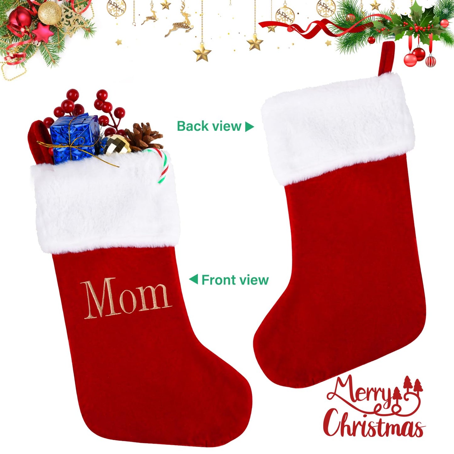 20 Inches Monogram Christmas Stockings with Mom Letters, Large Super Soft Christmas Stockings Red Velvet with White Super Soft Plush Cuff for Christmas Xmas Tree Holiday Fireplace