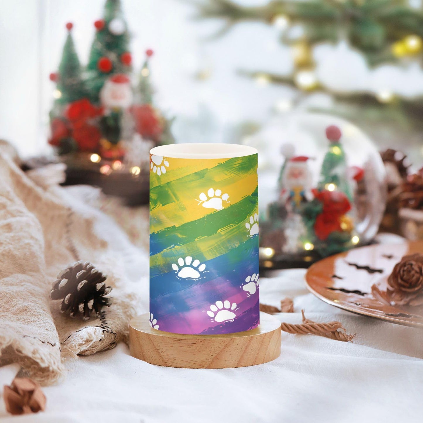 Animal Dog Cat Paw Prints on Rainbow02 Flickering Flameless Candles Battery Operated with Remote Timer,Tea Light Candles LED Pillar Votive Candles Set of 2 for Outdoor Indoor Decorations