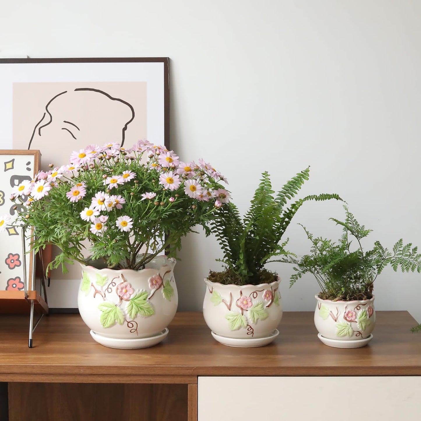 STHIE Ceramic Plant Pots with Drainage Holes and Saucers, Round Flower Pots for Indoor Plant, 4/5.2/6.6 Inches Vintage Flower Planters Set of 3