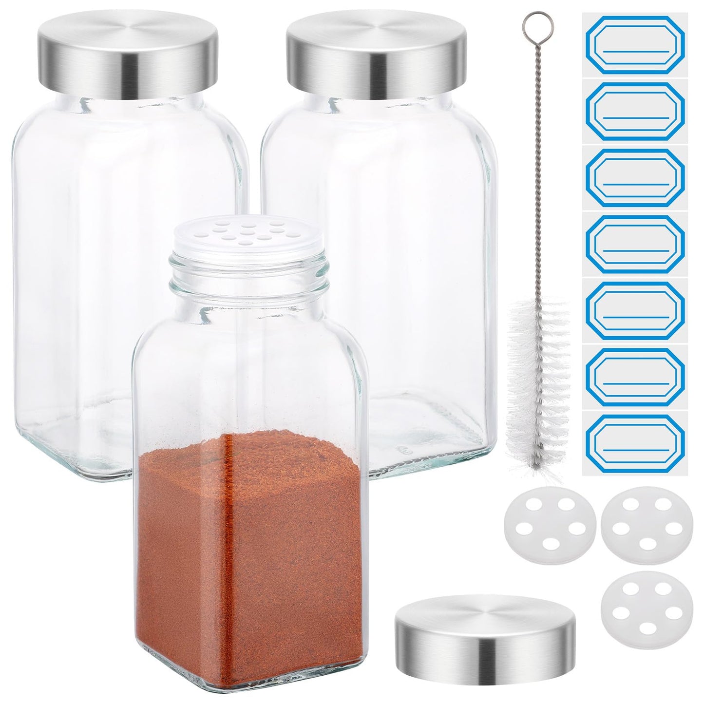 Segarty 6oz Spices Bottle with Stainless Steel Shaker Lids, 3 PCS 180ml Square Spice Containers, Empty Seasoning Organizer for Salt Pepper Sugar Herb Storage, Large Glass Jars with 7 Stickers, 1 Brush