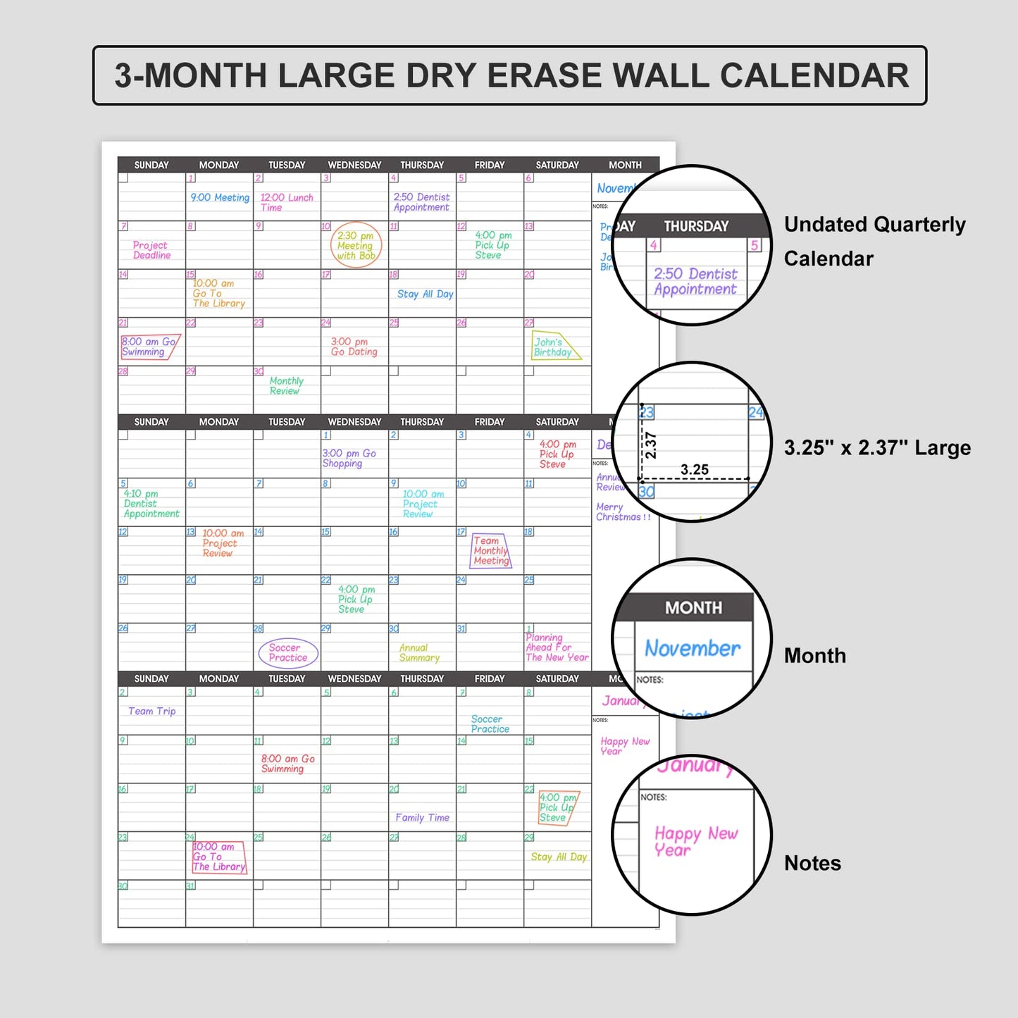 Large Dry Erase Calendar for Wall,3 Month Vertical Wall Calendar, Blank Reusable Monthly Quarterly Calendar Planner Undated, 27.8"x41" Whiteboard Calendar, Office, Classroom