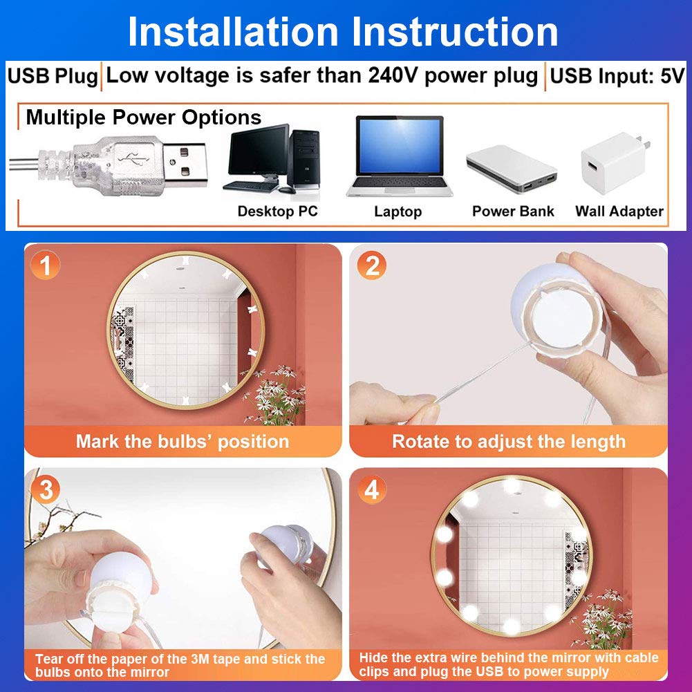 Hollywood Style Mirror Lights Kit DIY, LED Vanity Makeup Lamp 14 Globe Bulbs Dimmable Stick on to Mirror USB with 3 Light Colors & 10 Brightness Levels for Dressing Table Room, Bathroom, Bedroom